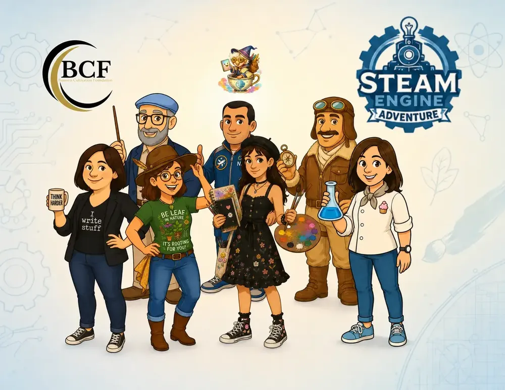 Illustrated STEAM Engine Adventure characters inspired by real people from the region